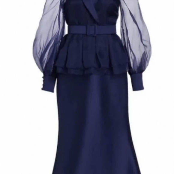 Badgley Mischka Midnight Blue Sheer Sleeve Gown - Picture 10 of 11